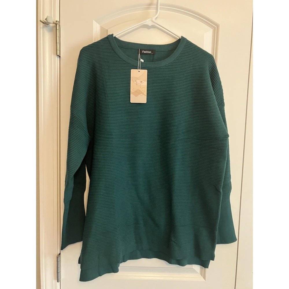Fashion Ribbed Pullover Women Large Green NWT Long Sleeve Crew Neck 7097